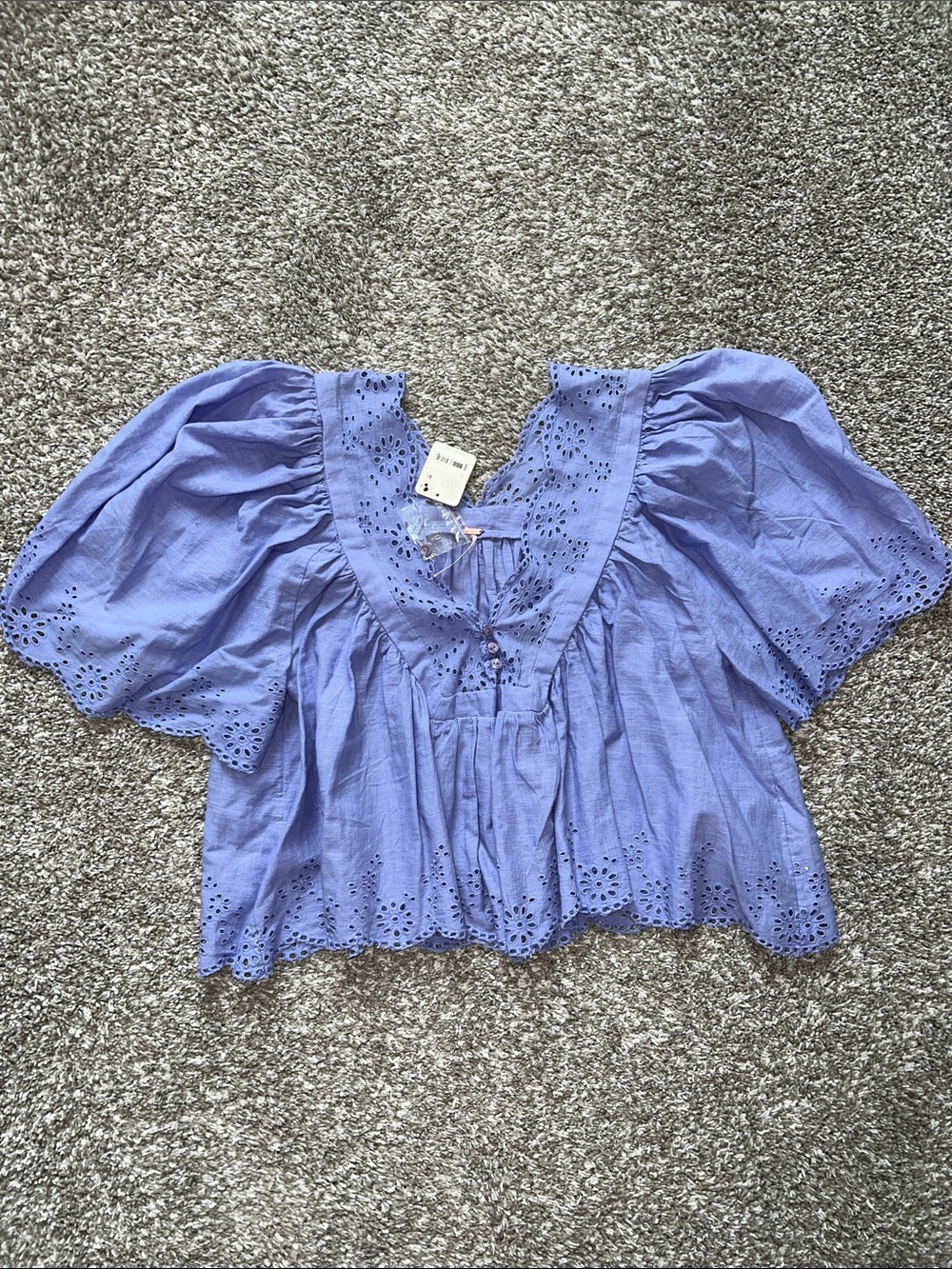 Free People Lavender Eyelet V-Neck Puff Sleeve Blouse
